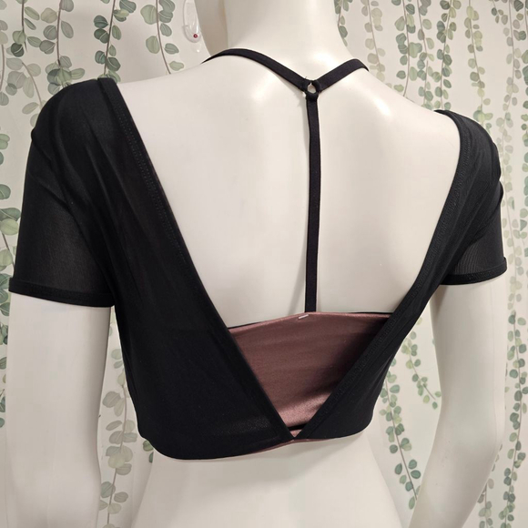 KORAL Mesh Layered Crop Top Small NWT Black Sheer Overlay Open Back - Picture 3 of 10